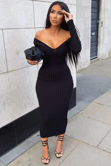 Off Shoulder Ribbed Bodycon Dress HERA COLLECTION