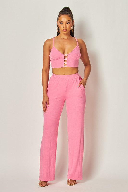 Julia Heart Trim Rib Knit Tank Crop Top & Pant Set HOT & DELICIOUS