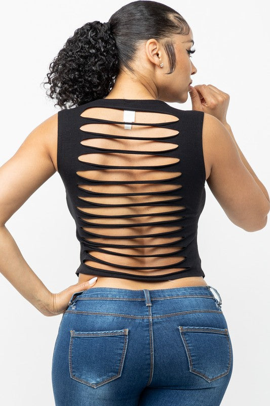 Laser Cut Back Wanted Print Crop-Top TOPIA