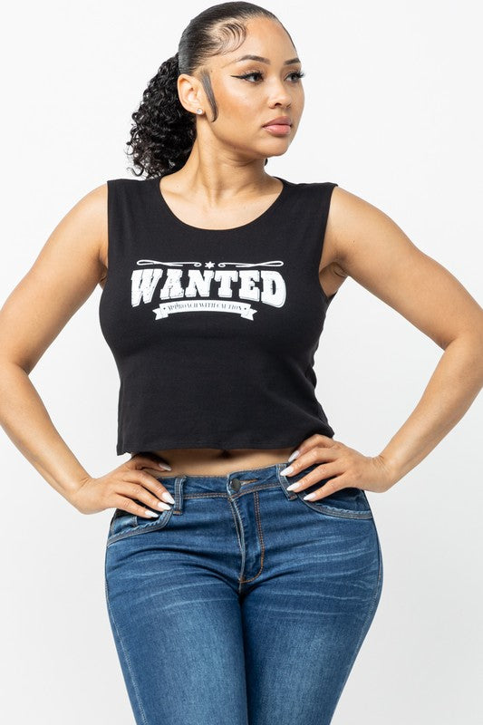 Laser Cut Back Wanted Print Crop-Top TOPIA