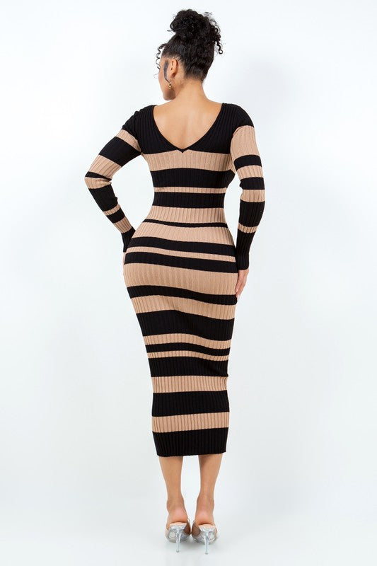 V Cut Off Shoulder Striped Dress HERA COLLECTION