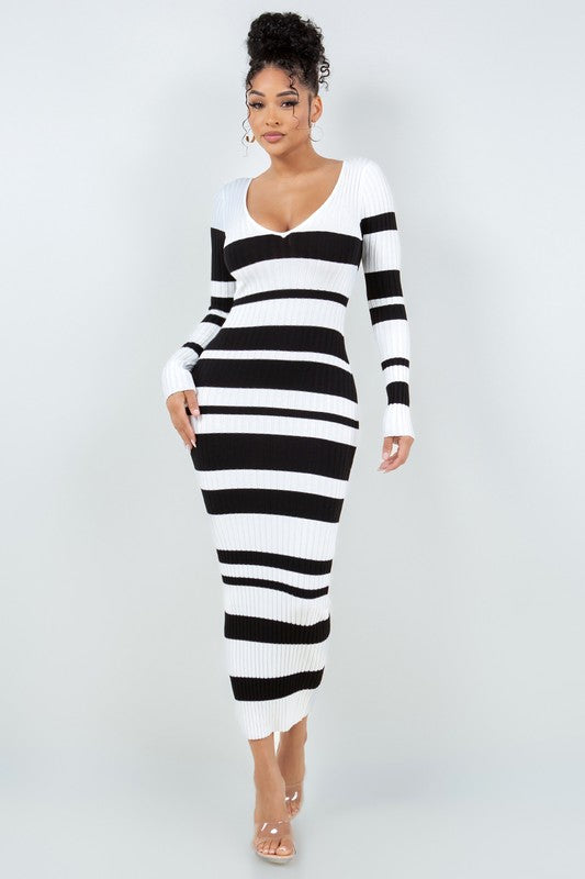 V Cut Off Shoulder Striped Dress HERA COLLECTION