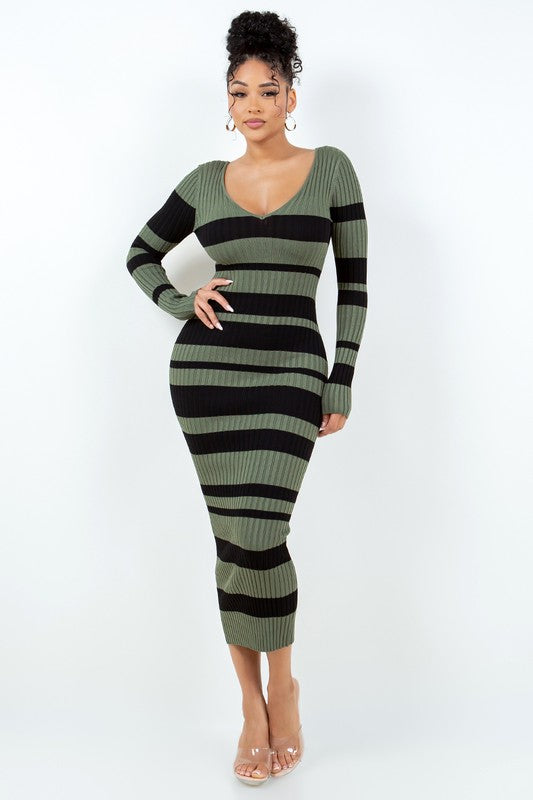 V Cut Off Shoulder Striped Dress HERA COLLECTION