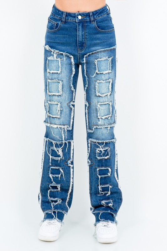 Frayed Edge Patchwork Washed Jeans AMERICAN BAZI