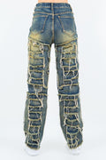 Frayed Edge Patchwork Washed Jeans AMERICAN BAZI