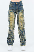 Frayed Edge Patchwork Washed Jeans AMERICAN BAZI