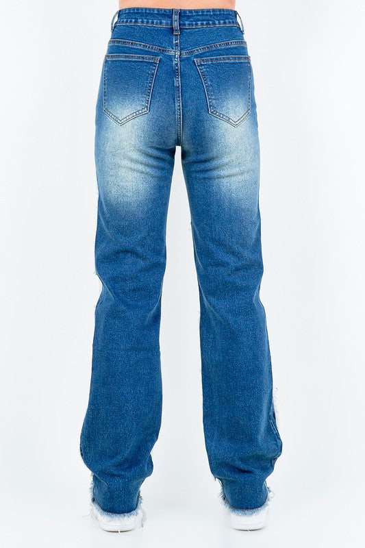 Frayed Edge Patchwork Washed Jeans AMERICAN BAZI