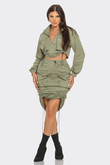 So Bomb Drawstring Cargo Pocket Skirt Set - Olive CAPSULLE