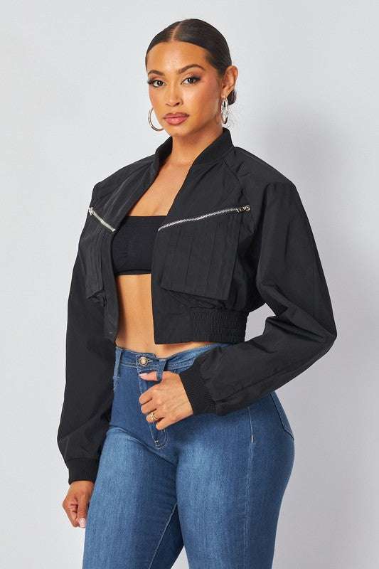 Carolina Crop Open Front Nylon Bomber Jacket HOT & DELICIOUS