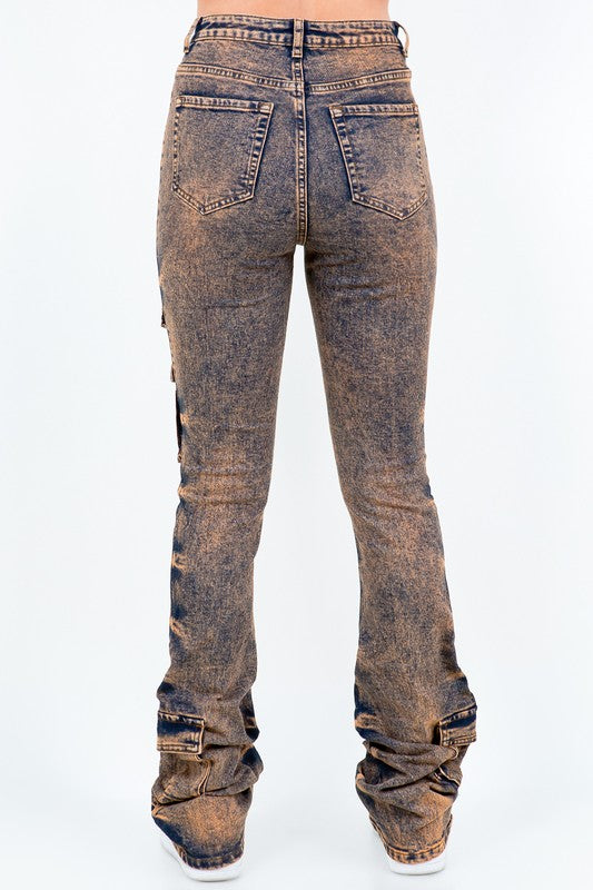 Acid Stacked Multi Pocket Cargo Jeans AMERICAN BAZI