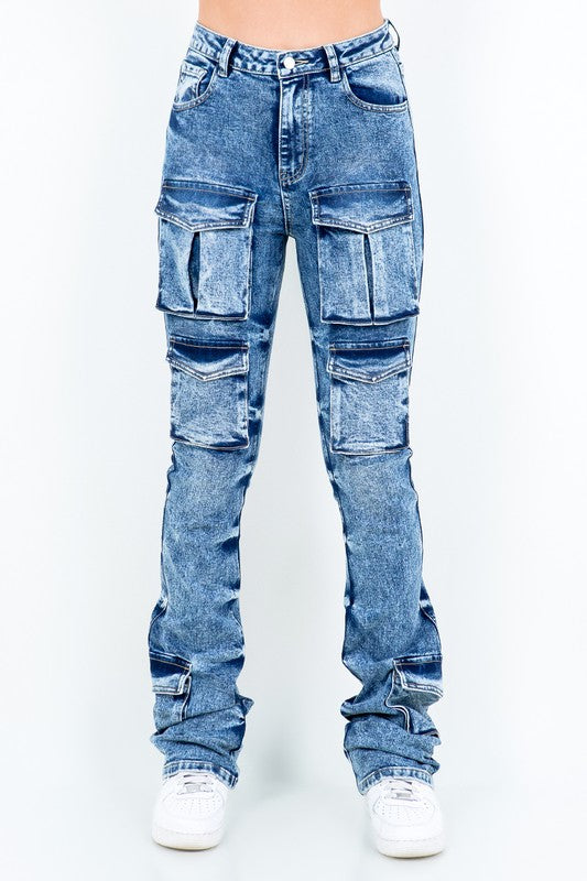 Acid Stacked Multi Pocket Cargo Jeans AMERICAN BAZI