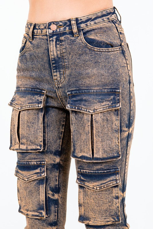 Acid Stacked Multi Pocket Cargo Jeans AMERICAN BAZI