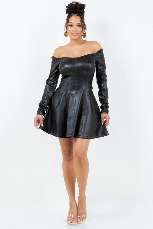 Off the Shoulder Leather Skirt Dress HERA COLLECTION