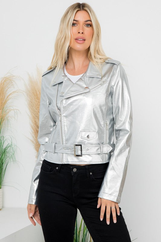 Metallic Faux Leather Crop Moto Jacket 26 INTERNATIONAL