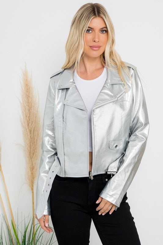 Metallic Faux Leather Crop Moto Jacket 26 INTERNATIONAL