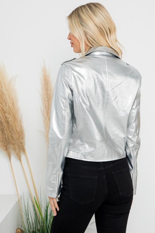 Metallic Faux Leather Crop Moto Jacket 26 INTERNATIONAL