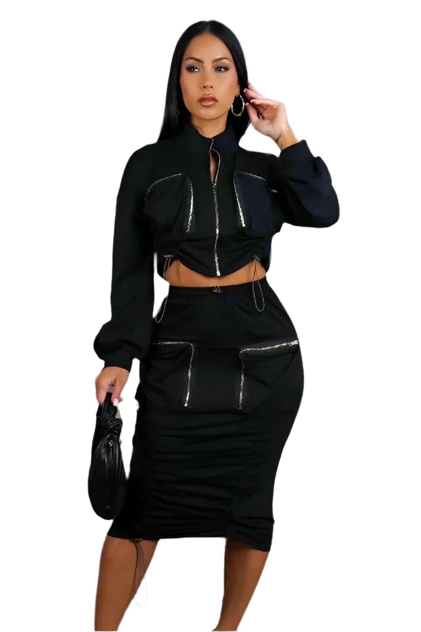 So Bomb Drawstring Cargo Pocket Skirt Set - Black CAPSULLE