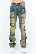 Zipper Pocket Washed Stacked Jeans AMERICAN BAZI