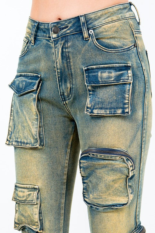 Zipper Pocket Washed Stacked Jeans AMERICAN BAZI