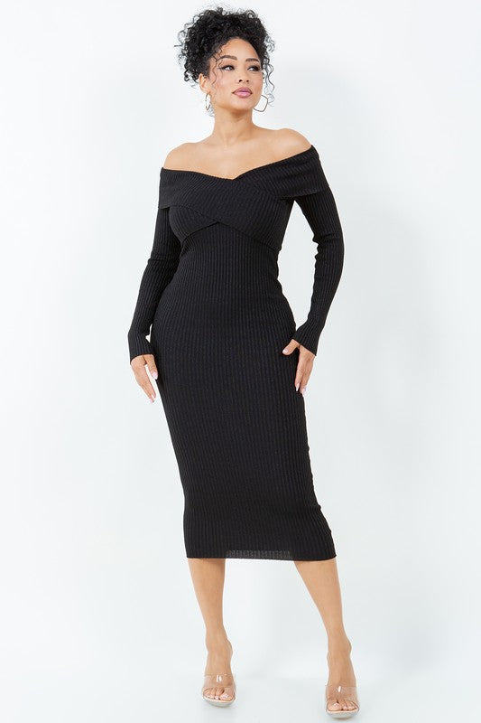 Off Shoulder Cross Bust Sweater Dress HERA COLLECTION