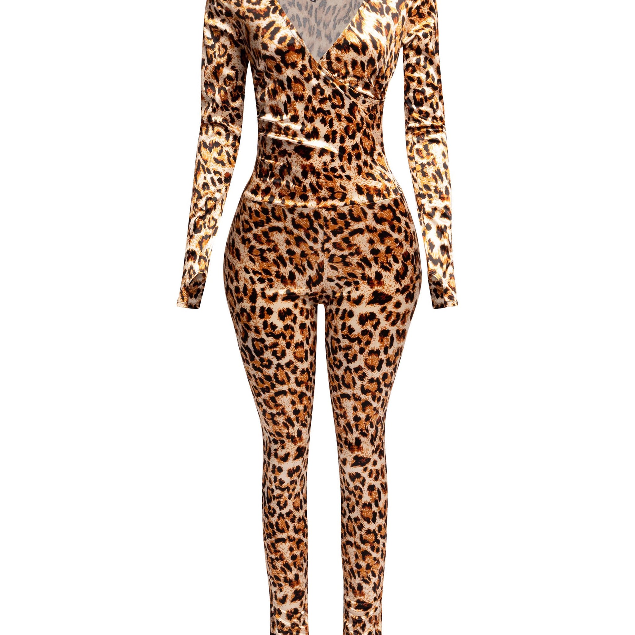 Leopard Deep V Neck Long Sleeve Jumpsuit