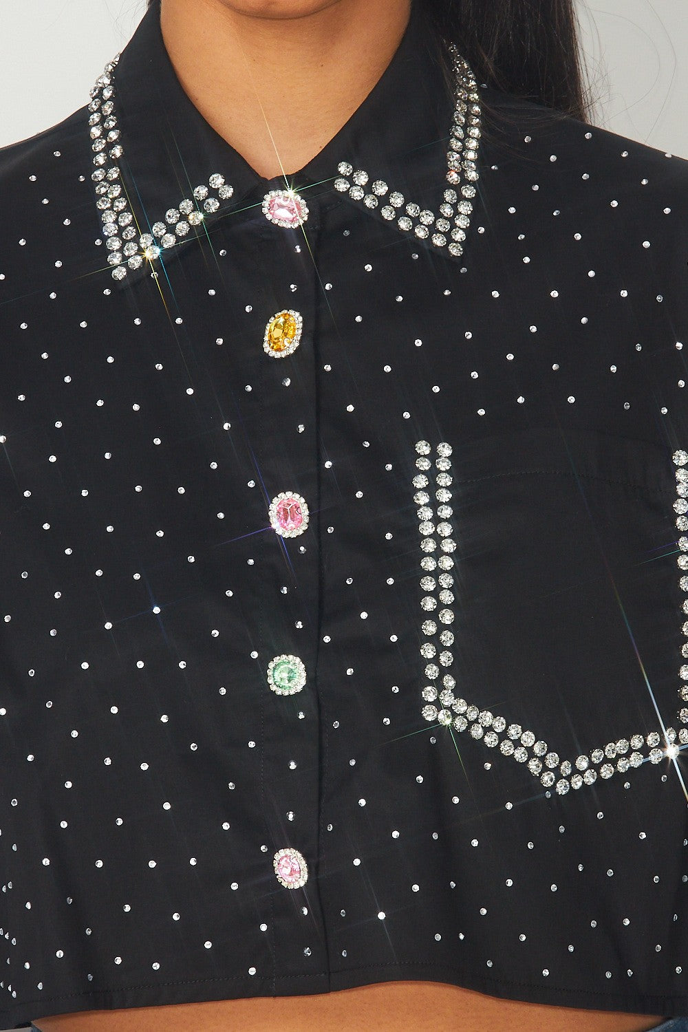 Rhinestone Detailed Crop Button Up Shirt