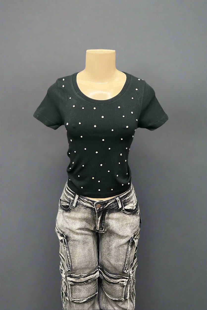 Short Sleeve T-Shirt With Scattered Rhinestones EHL IMPORTS