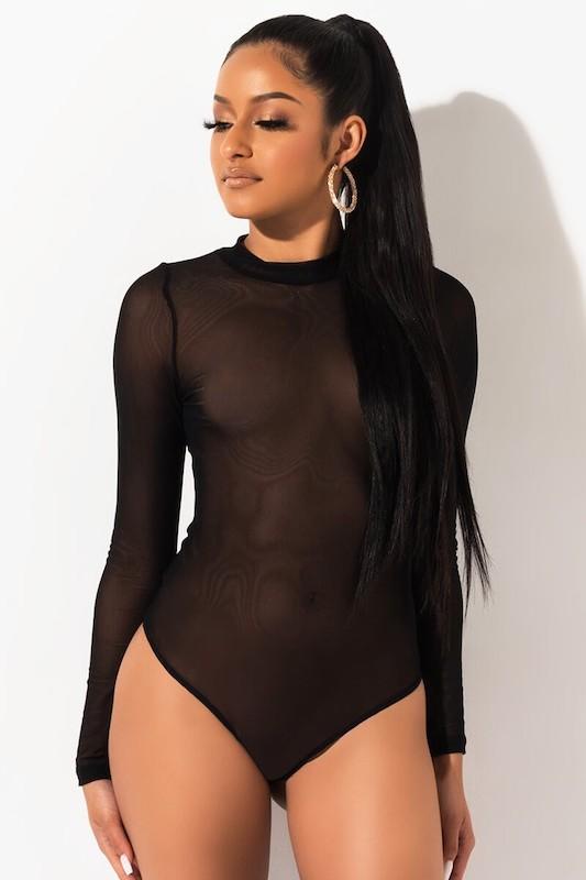 Mock Neck Mesh Long Sleeve Bodysuit