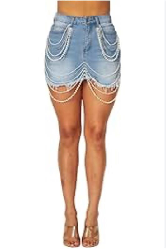 Pearl Detailed Denim Mini Skirt HOT & DELICIOUS