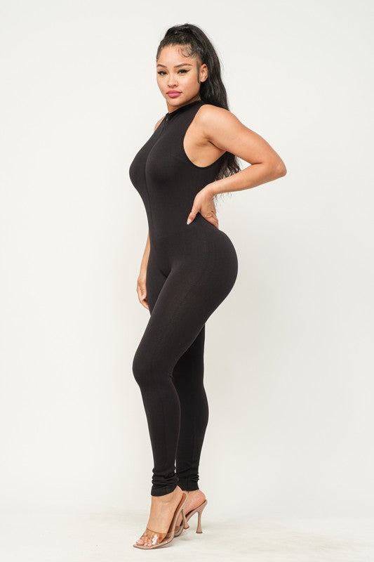 Seamless Fine Ribbed Zip Mock Neck Front Jumpsuit