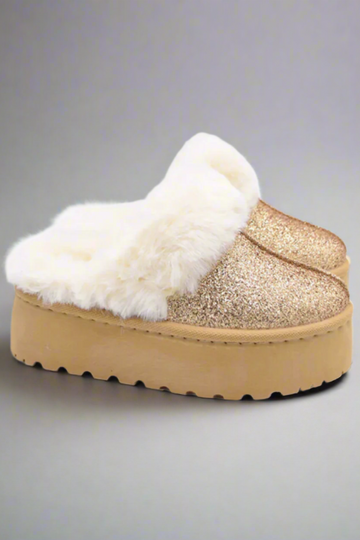 Womens Fleece Glitter Platform Slip-Ons