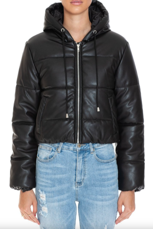 Faux Leather Crop Puffer Jacket w/ Hood