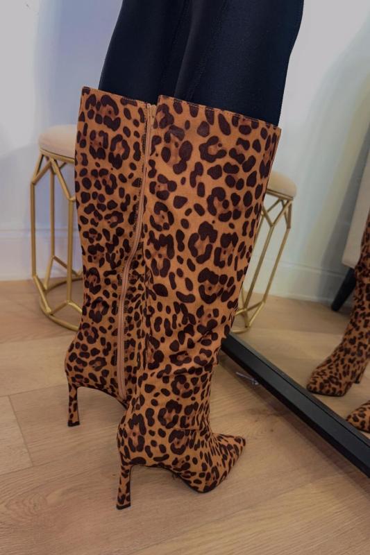 Pointed Toe Knee Length Boot with Heel - Leopard J.P ORIGINALS