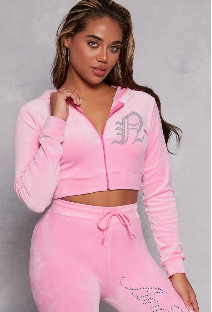 Angel Velour Rhinestone Cropped Hoodie Set