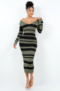 V Cut Off Shoulder Striped Dress HERA COLLECTION