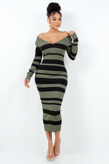 V Cut Off Shoulder Striped Dress HERA COLLECTION