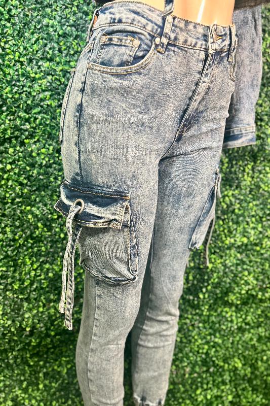 Acid Wash Cargo Jeans - Blue AWESOME CONCEPT INC