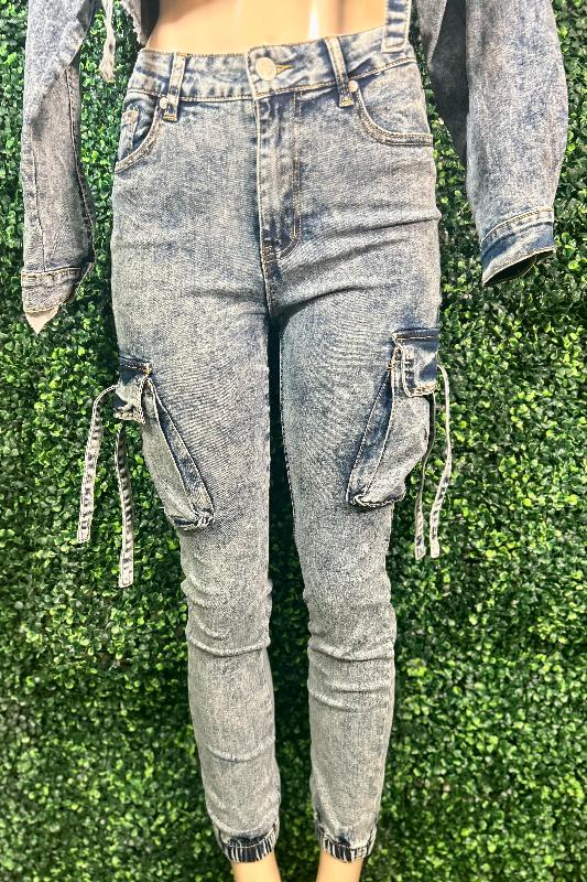 Acid Wash Cargo Jeans - Blue AWESOME CONCEPT INC